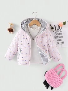 SHEIN 年轻女孩 1 件全身印花双面连帽棉服外套 - 粉色 - 查看 3