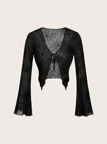 SHEIN ICON Halloween Spider Web Print Flare Sleeve Tie Front Mesh Top Without Tube Top - Black - View 2