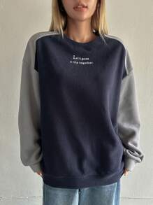 DAZY Sudadera Con Hombro Caído, Bordado De Letras Y Bloques De Color - Azul Marino - Ver 2