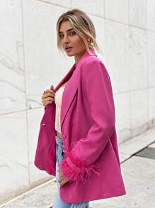 SHEIN Privé Shawl Collar Fuzzy Cuff Single Button Blazer - Pink - View 6