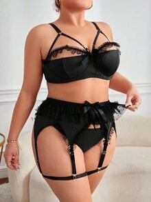Plus Frill Trim Harness Garter Lingerie Set - Black - View 4