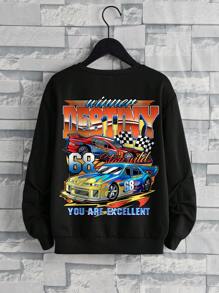 Teen Boy Car & Letter Graphic Drop Shoulder Sweatshirt - Black - View 1