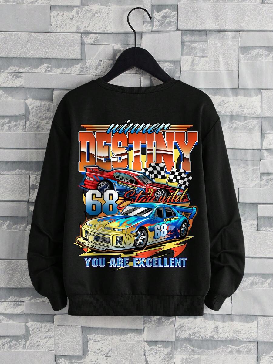Teen Boy Car & Letter Graphic Drop Shoulder Sweatshirt - Black - View 1
