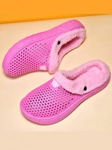 女款中空鞋,女款毛絨純色透孔鞋款,舒適的冬季拖鞋 - 玫紅色 - 查看 3