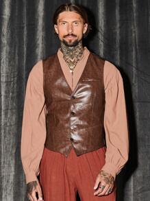 GENTILAND 男士前紐扣PU皮革夾克背心 - 棕色 - 查看 3