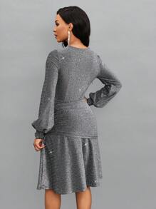 SHEIN Lady Surplice Neck Lantern Sleeve Draped Side Glitter Dress - Silver - View 3