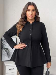 SHEIN Clasi Plus Button Front Peplum Blouse - Black - View 5