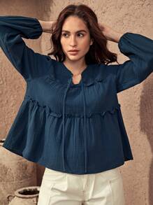 Bohemela Tie Neck Lantern Sleeve Frill Trim Peplum Top