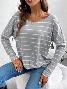 SHEIN LUNE 條紋印花扭結下擺T恤 - 彩色 - 查看 7