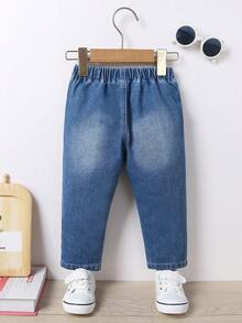 中性寶寶休閒可愛角色圖形淺色寬鬆牛仔褲