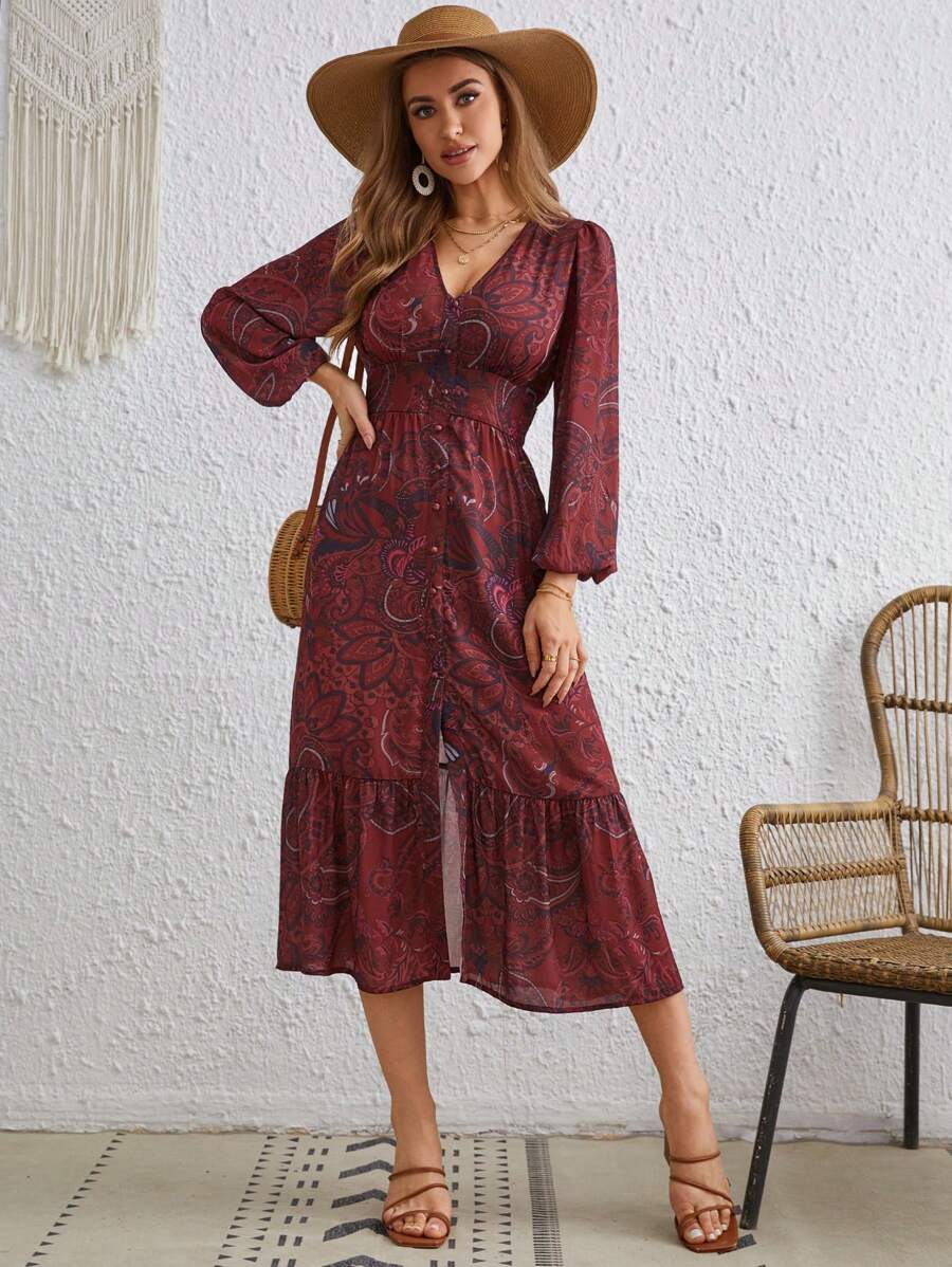 SHEIN VCAY Floral Print Lantern Sleeve Ruffle Hem Dress - Red - View 1