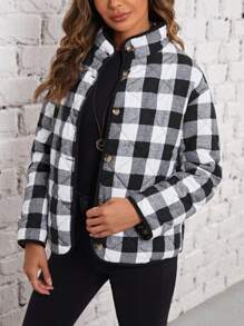 EMERY ROSE Ditsy Floral & Buffalo Plaid Drop Shoulder Padded Coat - Black and White - View 3