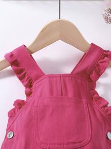 女嬰褶邊口袋貼布牛仔背帶褲 - 玫紅色 - 查看 5