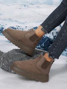 Women's Snow Boots,Women's outdoor warm thick-soled snow boots, solid color brown round toe Chelsea winter suede snow boots - Brown - View 2