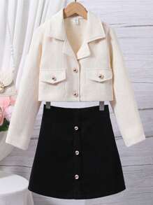 SHEIN Tween Girl Flap Pocket Jacket & Button Front Skirt - Black and White - View 1