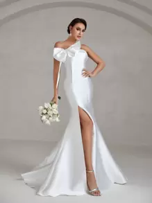 Hochzeitskleid mit einer Schulter frei, Schleife vorne, Schlitz, Satin - Weiss - Übersicht 1