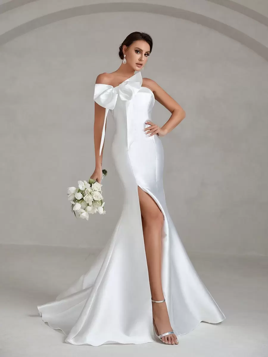 Hochzeitskleid mit einer Schulter frei, Schleife vorne, Schlitz, Satin - Weiss - Übersicht 1