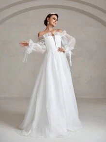 Off Shoulder Knot Cuff Mesh Wedding Dress - White - View 1