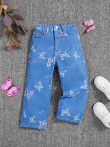 SHEIN Young Girl Letter and Butterfly Print Jeans - Medium Wash - View 1