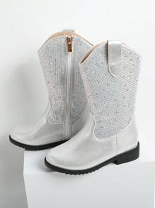 女孩潮流時尚靴子，扁平圓頭，學生鞋，兒童時尚靴子牛仔靴 - 銀色 - 查看 4