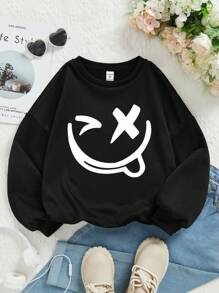 Cô gái Tween Đồ họa Hoạt hình Thả vai Lót nhiệt Áo nỉ - màu đen - Xem 1