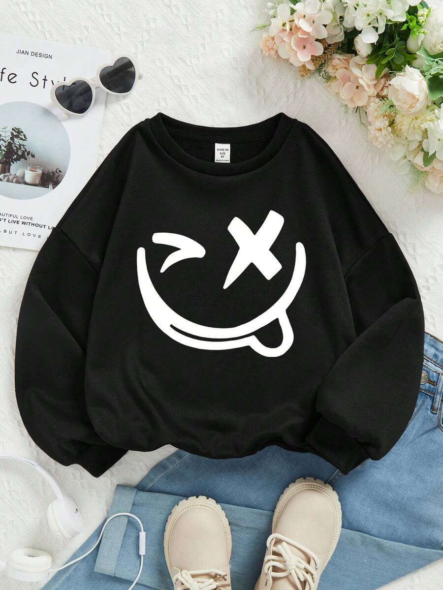 Cô gái Tween Đồ họa Hoạt hình Thả vai Lót nhiệt Áo nỉ - màu đen - Xem 1