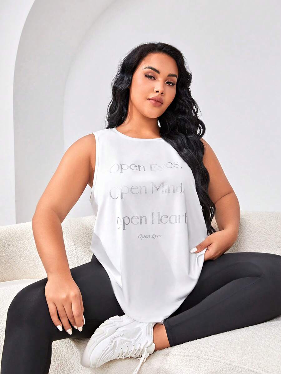 SHEIN Yoga Basic Plus Slogan Graphic Curved Hem Sports Tank Top - White - View 1