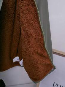 SHEIN 女大童抽繩腰部毛絨飾邊連帽保暖襯里外套 - 軍綠色 - 查看 6