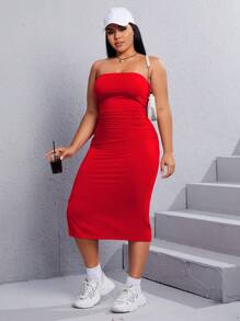 SHEIN EZwear 大碼高衩抹胸緊身連衣裙 - 紅色 - 查看 6