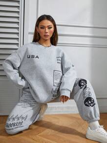 SHEIN Unity 標語圖案落肩袖衛衣和衛褲 - 淺灰色 - 查看 6