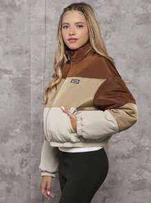 Teen Girl Colorblock Letter Patched Detail Drop Shoulder Padded Coat - Multicolor - View 4