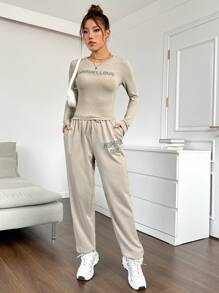 Muchica Conjunto de camiseta con estampado de letras y pantalón de chándal casual, otoño - Beis - Ver 3