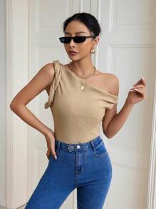 SHEIN Privé Solid Asymmetrical Neck Ribbed Knit Top - Brown - View 3