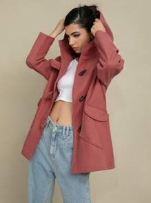 SHEIN Unity Flap Pocket Raglan Sleeve Duffle Hooded Duffle Overcoat - Pink - View 4