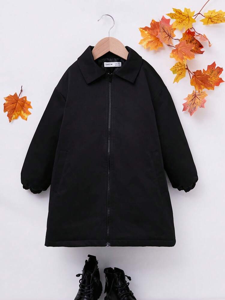 Girls Letter Floral Graphic Zip Up Slant Pocket Drop Shoulder Coat