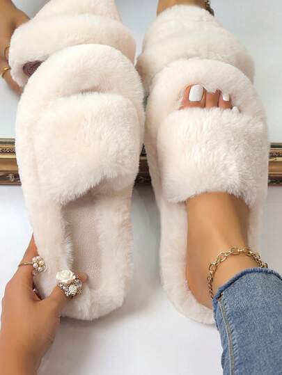 Fall/Winter Women's Plush Open Toe Platform Slippers, Soft & Comfortable Open Toe Non-Slip Indoor Slippers, Home Slippers,Fluffy Slippers