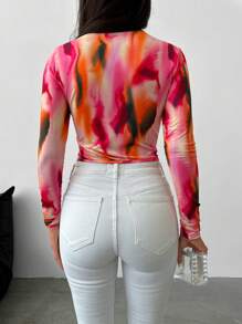 EURMUSE Tie Dye Twist Front Asymmetrical Hem Crop Top - Multicolor - View 2