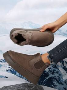 Women's Snow Boots,Women's outdoor warm thick-soled snow boots, solid color brown round toe Chelsea winter suede snow boots - Brown - View 1