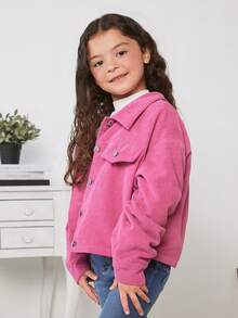 女大童翻蓋細節落肩袖燈芯絨夾克 - 玫紅色 - 查看 3