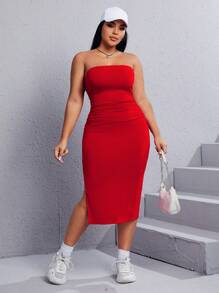 SHEIN EZwear 大碼高衩抹胸緊身連衣裙 - 紅色 - 查看 4