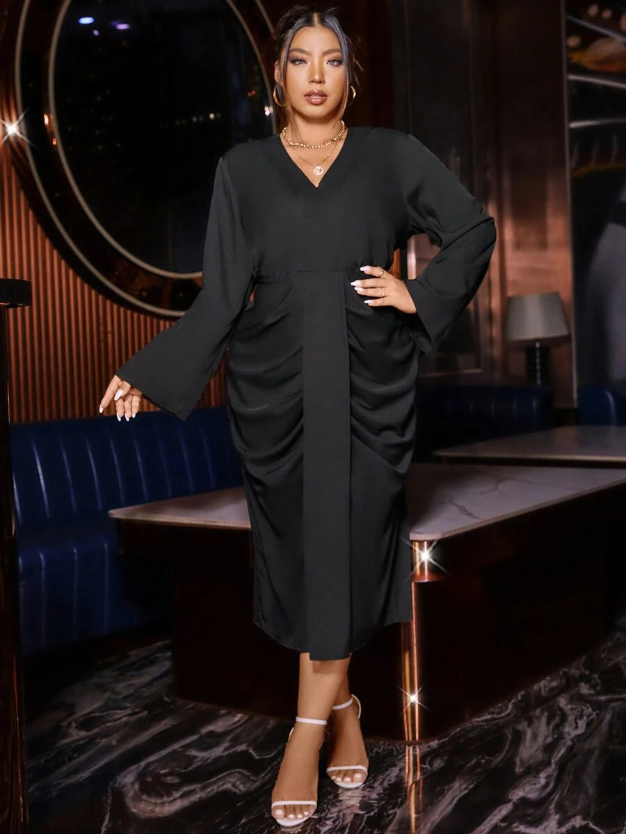 SHEIN Unity Plus Ruched Front Trumpet Sleeve Dress - Black - View 1