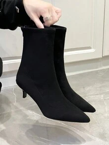 女式時尚靴子，秋冬新款尖頭細跟短靴女休閒優雅短筒修身拉鍊高跟彈力靴 - 黑色 - 查看 2