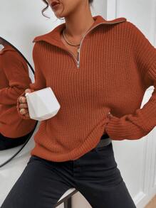 SHEIN Unity Half Zipper Drop Shoulder Sweater - Brown - View 6