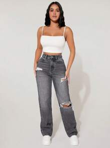 SHEIN PETITE High Waist Cut Out Ripped Frayed Straight Leg Jeans ,Petite Women - Light Grey - View 5