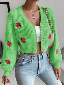 SHEIN Qutie 草莓刺繡燈籠袖開襟衫 - 綠色 - 查看 5