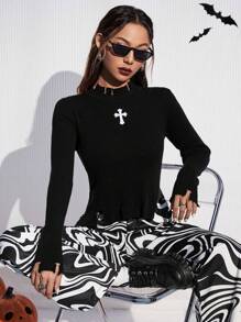 SHEIN EZwear Mẫu đồ họa Áo len Distressed - màu đen - Xem 5