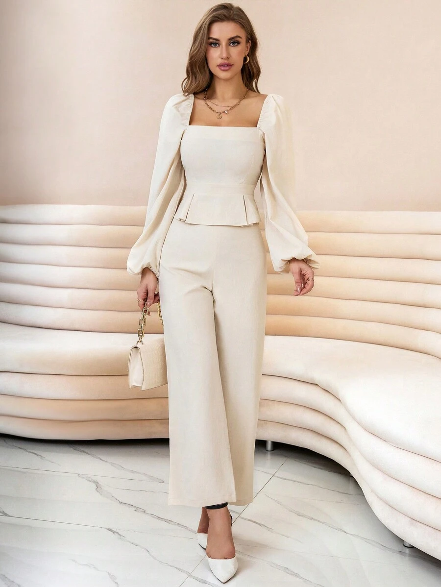 GENKIRA Square Neck Lantern Sleeve Peplum Top & Wide Leg Pants Elegant Business Casual Women  - Apricot - View 1