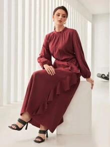 Modelyn Burgundy Red Ruffle Trim Lantern Sleeve Dress Long Evening Dresses - Burgundy - View 5