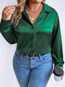 SHEIN Clasi Plus Size Vrouwen Feestkleding Satijnen Shirt Met Lange Mouwen Met Kraag En Studs, Formele Gelegenheidskleding