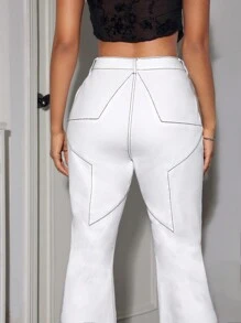 SHEIN ICON Top-stitching Flare Leg Jeans - White - View 3